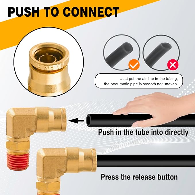 3/8" 90 Degree Elbow Union Brass DOT Push to Connect Air Line Fittings, 3/8" OD Tube x1/4" NPT Air Brake Line Quick Fitting Connectors for Truck Trailers or Industry Air System(5PCS)