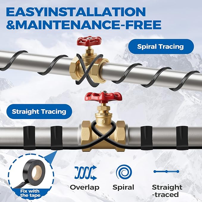 115FT（3FT-200FT） Pipe Heating Cable for Pipe Freeze Protection, Heat Cable for Water Pipes(Metal and Plastic), Pipe Heat Tape Keeps Water Flowing at -40°F 5w/ft, 120V Plumbing fixture