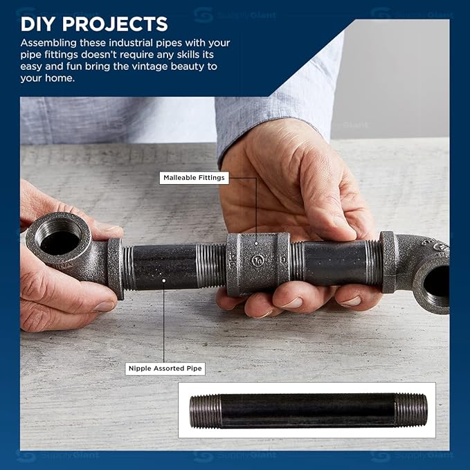SupplyGiant 1/4 x 12 Inch Steel Black Pipe, Heavy Duty Industrial Malleable Steel Pipes, 1/4'' x 12'' Pre Cut Threaded Pipe Nipple Great For All DIY Furniture Projects And Black Pipe Shelving