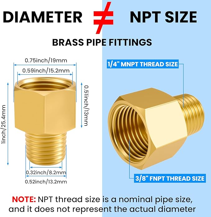 SDTC Tech 2-Pack Brass Pipe Fitting 1/4 NPT Thread Male to 3/8 NPT Thread Female Reducer Adapter, Brass Pipe Extension Connectors