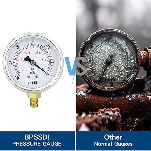 30inHg Vacuum Pressure Gauge, Water Pressure Gauge, 2.5" Dial Size, 1/8" NPT Lower Mount, 304 Stainless Steel Case, for Pneumatic Air Compressor RV Regulator Valve Test(with Tape)
