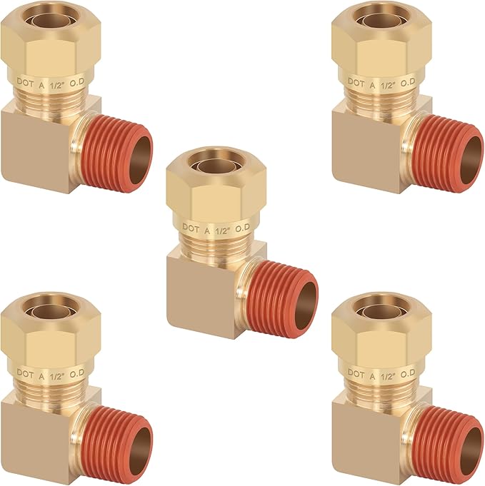 5PCS Air Brake Nylon Tubing Brass 90 Degree Union Elbow Fitting, 1/2" Tube OD x 3/8" NPT Thread Air Compression Fittings for Nylon Hose with DOT Approved for Truck Trailers