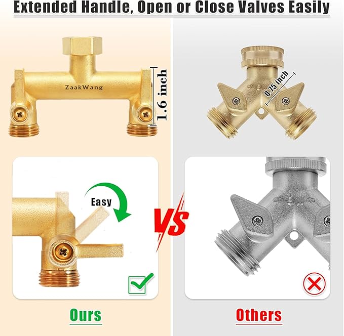 Heavy Duty Brass 2-Way Garden Hose Splitter, 3/4" GHT Threads, Metal Shutoff Valve, Long Handle