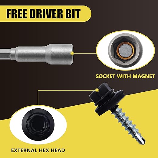 300pcs #10 x 1 Black Hex Head Self-Drilling Metal Roofing Screws, EPDM Washer, Colored Head, Wood Screws, Sheet Metal Roof Screw with Hex Driver Bit