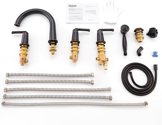 Roman Tub Faucet Set with Hand Shower, KRUZOO Bathtub Faucet Set Trim Kit with Rough-in Valve, Deck Mount Widespread 5 Hole Brass Tub Filler, KZ-9609ORB, Oil Rubbed Bronze