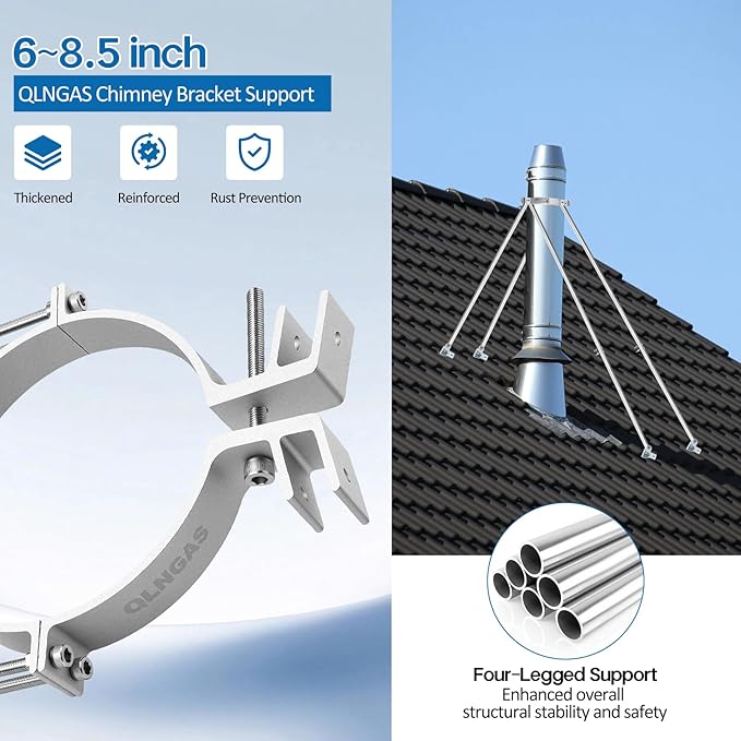 Newly Upgraded Chimney Pipe Support Bracket Kit, Four-Legged Support, Fits 6~8.5 Inch Adjustable Design— Rugged Aluminum and Stainless Steel Materials, Stable Against Wind & Snow