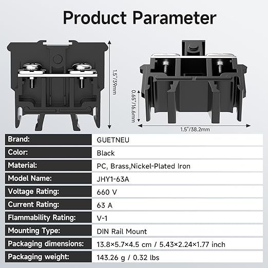 5Pcs JHY1 DIN Rail Terminal Blocks, 600V 63A, 16-10mm², Detachable & Assemblable Terminal Strip Blocks, 10Pcs 16-14 AWG Insulated Fork Spade Wire Connectors & 4.92 Inch DIN Rail Included