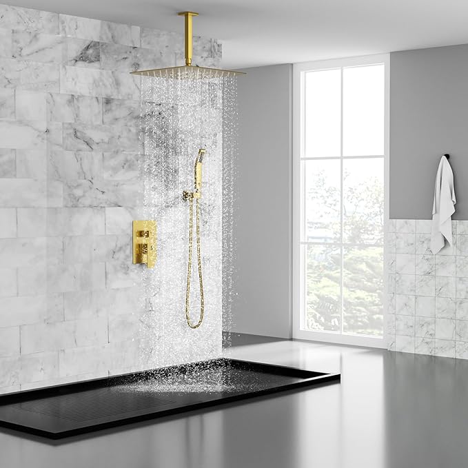 SR SUN RISE 16 Inch Ceiling Mounted Shower System Rain Mixer Shower Combo Set Rainfall Shower Head System Brushed Gold Shower Faucet Rough-in Valve Body and Trim Included