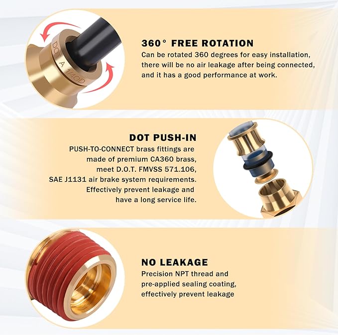 CheeMuii 43 PCS Brass DOT Air Brake Line Fittings 1/4" 3/8" 1/2" Push to Connect Fittings Quick Connect & NPT Thread Tube Air Hose Fittings Repair Kit for Truck or Industrial Air System