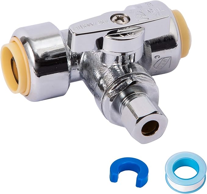 SUNGATOR Service Tee Stop Valve, 1/2" Ptc x 1/2" Ptc x 1/4" Compression, 1/4 Turn Push Fit Water Valve Shut Off Fitting with Disconnect Clip & Tape, Push-to-Connect, PEX, Copper, CPVC, No Lead Brass