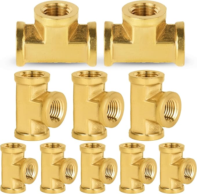10-PCs HeSun Brass Pipe Fitting, 1/4" x 1/4" x 1/4" NPT Female Thread Tee