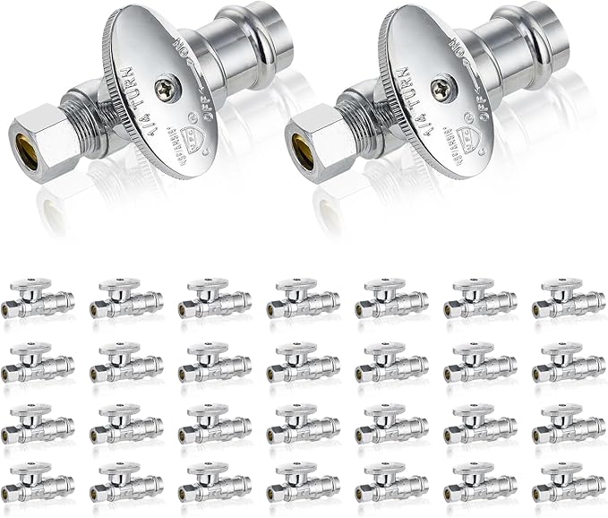 30-Pack GUOFIS Straight Stop Valve,1/2" Nominal Press Inlet x 3/8" OD Compression Outlet,1/4-Turn Shut-off Valve for Potable Water(Chrome Plated)(VALVE397-30Pack)