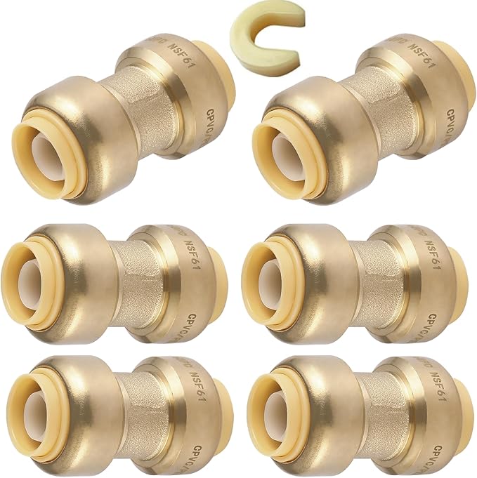 HeSun 6-Pack Pushfit Coupling, 3/4"x3/4" Push to Connect Plumbing Fittings with Disconnect Clip, Brass Push-fit Fittings for PEX, Copper, CPVC, PE-RT Pipes