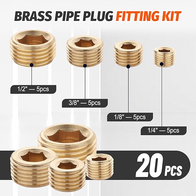 20 PCS Brass Pipe Plug 1/8" 1/4" 3/8" 1/2" NPT Plug Internal Hex Thread Socket Fitting Assortment Kit