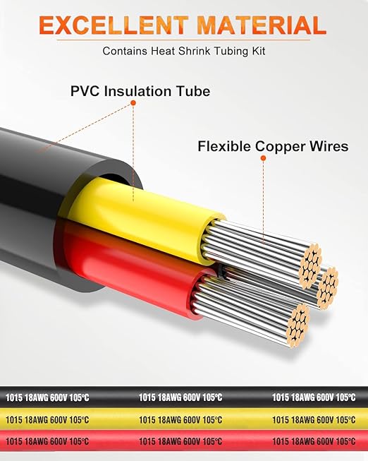 NAOEVO 14 Gauge Wire 3 Conductor Electrical Wire, 14 AWG Stranded PVC Cord, 12V Low Voltage/Tinned Copper/Flexible Cable for Automotive Wiring, Lamp Cord, Marine Cable (50FT)