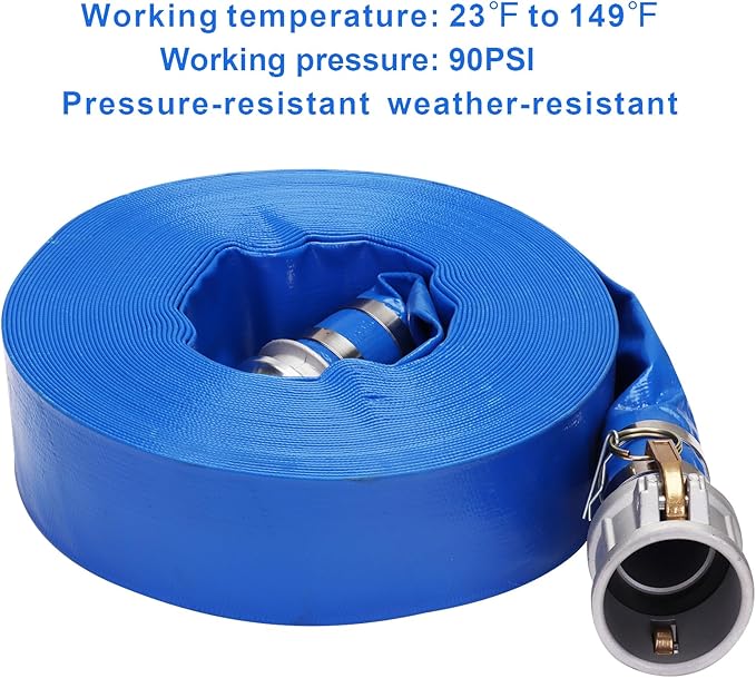Lay-Flat Pool Backwash Hose - 2" x 100Ft with Aluminum Camlock C & E Fittings Reinforced Heavy Duty PVC Discharge Hose Weather-Proof Vinyl Pool Drain Hose for Water Transfer