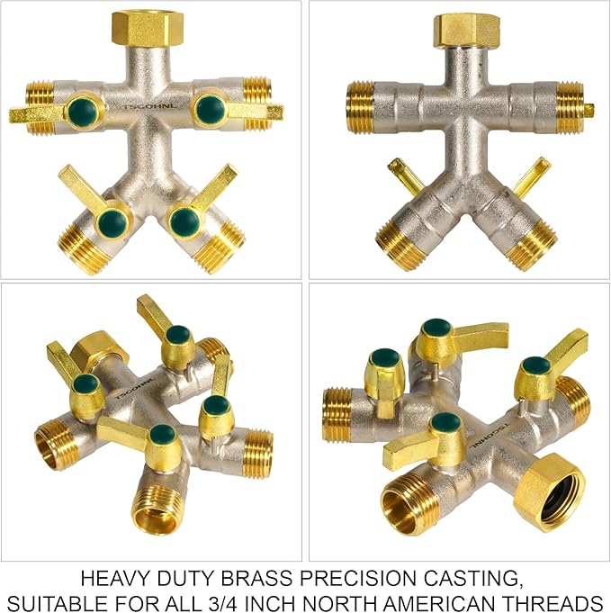 Heavy Duty Brass Garden Hose Splitter, Freeze and Sun Resistant Outdoor Faucet 4-Way Valve, Nickel Plated for Rust Resistance, 3/4” GHT (Gold)