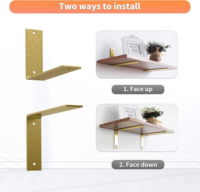 Gold Heavy Duty Shelf Brackets 6 Inch, Rustic Gold Iron L Shelf Bracket, Industrial Modern Metal Floating Shelf with Hardware for DIY Open Shelving, 4 Pack