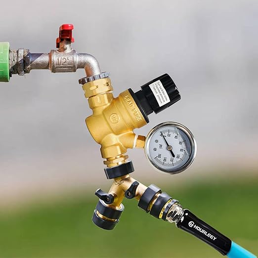 Hourleey RV Water Pressure Regulator, Adjustable Handle Brass Water Pressure Regulator, Water Pressure Reducer with Gauge and Inlet Screened Filter for RV Camper Travel Trailer