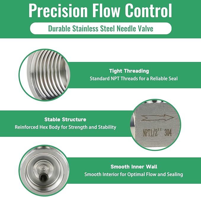 Angry Pony Stainless Steel 304 FNPT 1/2 female Straight Needle Valve, High Pressure Hydraulic Flow Control Valve for Water Oil Gas Systems, 900 PSI