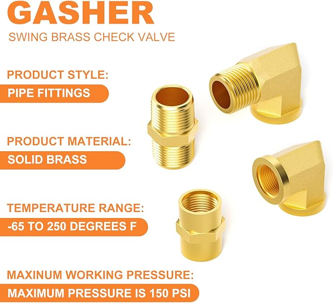 GASHER 8PCS 1/2 Inch NPT Brass Pipe Fittings, Hex Nipple, Hex Coupling, 90 Degree Barstock Street Elbow Air Hose Fittings