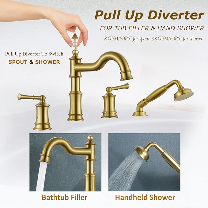 Roman Bathtub Faucet Set With Hand Shower 4 Hole Deck Mount Tub Filler With Diverter, 2 Lever Handle Rough-in Valve and Water Supply Lines Included for Bathroom Tub, Brushed Gold