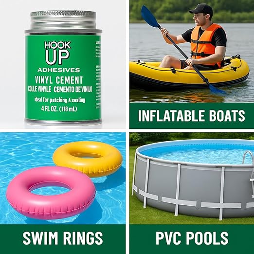 HOOK UP Adhesives Vinyl Contact Cement, Glue Waterproof, Fast-Drying Repair Adhesive for Pools, Inflatables, PVC, Air Mattresses, PVC Pipes, Tarps, Boats, Rafts, Upholstery Strong Bond, Cement 1OZ