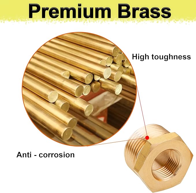 ZOUNI 2pcs Brass Reducer Hex Bushing, 1" NPT Male to 3/4" NPT Female Heavy Duty Brass Threaded Pipe Fitting Reducer Adapter (1"MNPT - 3/4"FNPT)