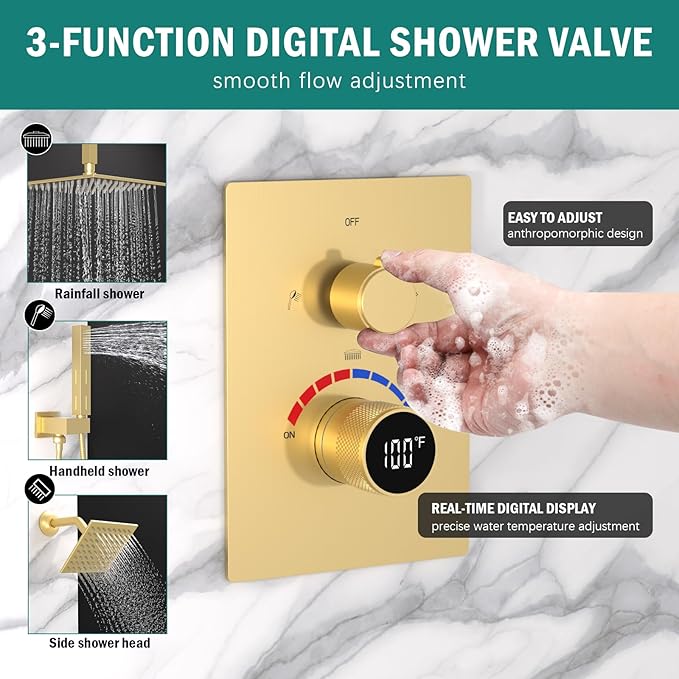 Shower Mixing Valve with Brushed Gold Trim Kit, 3 Way Shower Diverter Digital Brass Valve Body Temperature Display Mixer for Shower Faucets