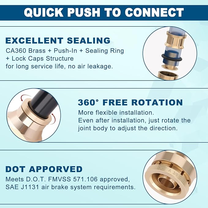 41pcs 50FT 3/8" Brass DOT Air Line Fittings Kit Quick Push to Connect Fittings 3/8 Inch Compression Air Fittings 3/8" SAE J844 PA12 Nylon Air Brake Line Tubing