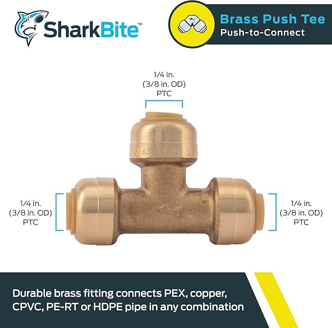 SharkBite 1/4 Inch (3/8 Inch OD) Tee, Push to Connect Brass Plumbing Fitting, PEX Pipe, Copper, CPVC, PE-RT, HDPE, U358LFA