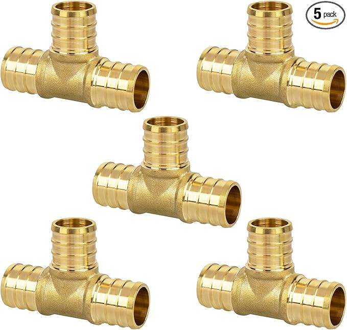 1/2" PEX Tee, PEX Fittings, Heavy-Duty Brass Crimp Fittings for PEX Pipes with Leak-Resistant Construction, NSF & UPC Certified, 5 Pack