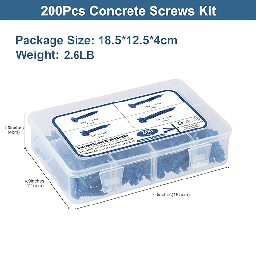 Concrete Screws with Drill Bit, 200Pcs Concrete Screw 1/4 3/16 Assortment Kit, Flat & Hex Head Masonry Block Brick Cement Screws and Anchors, No Pre Drilling, Diamond Point