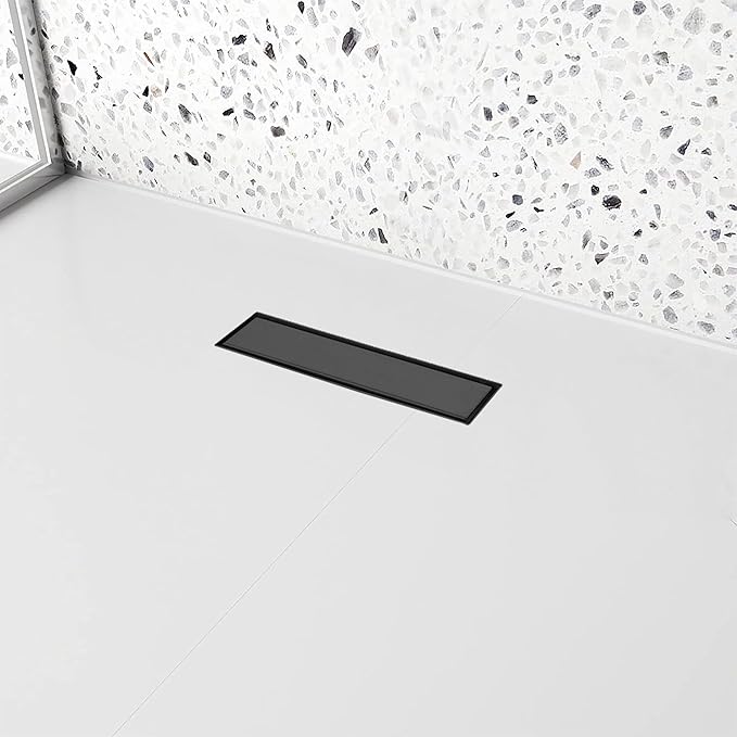 12 inch Linear Shower Drain with Removable Square Hole Panel by Using 304 Stainless Steel Process, Linear Drain Equipped with Adjustable Feet and Hair Strainer（Matte Black Color）