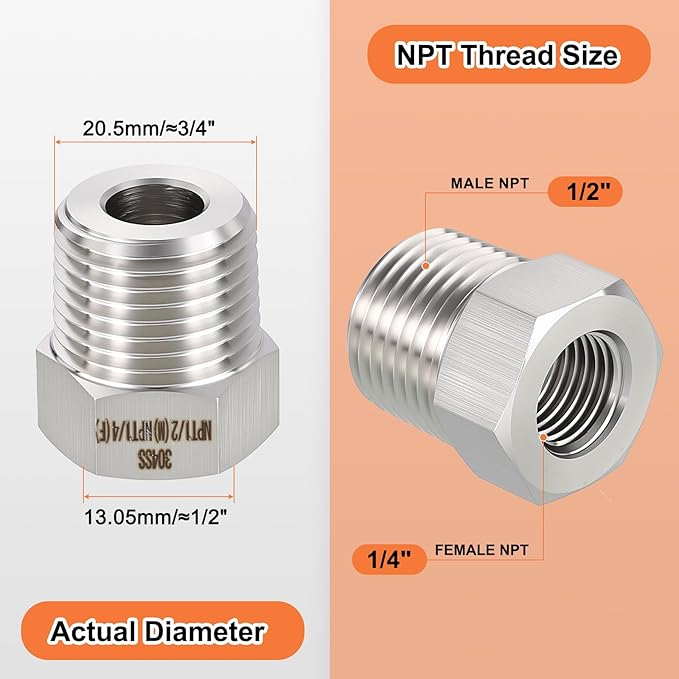 5 Pack 304 Stainless Steel Male to FeMale Adapter, 1/2" Male NPT x 1/4" FeMale NPT Hex Bushing Reducer for Industrial, Fluid, Home Gardening, Water Treatment