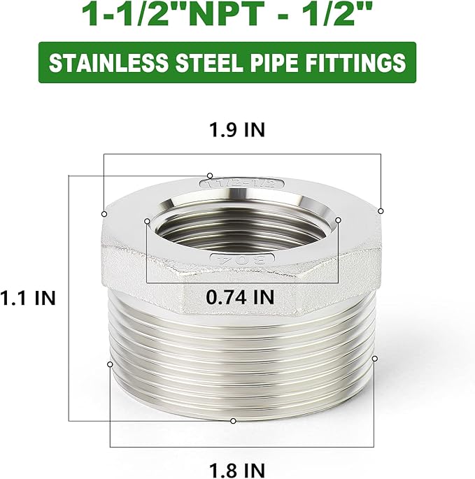 TAISHER 2PCS 304 Stainless Steel Reducer Hex Bushing, 1-1/2" NPT Male x 1/2" NPT Female, Reducing Pipe Adapter Fitting