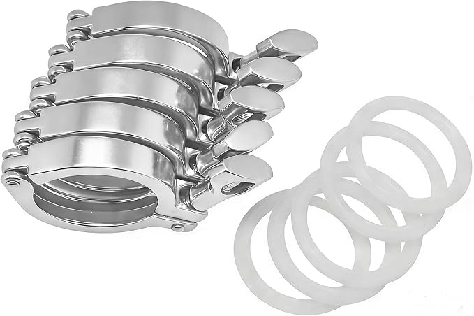 QiiMii 5 Pcs Heavy Duty Single Pin Tri Clamps Ferrule TC 2.5 Inch Stainless Steel 304 with Silicone Gasket