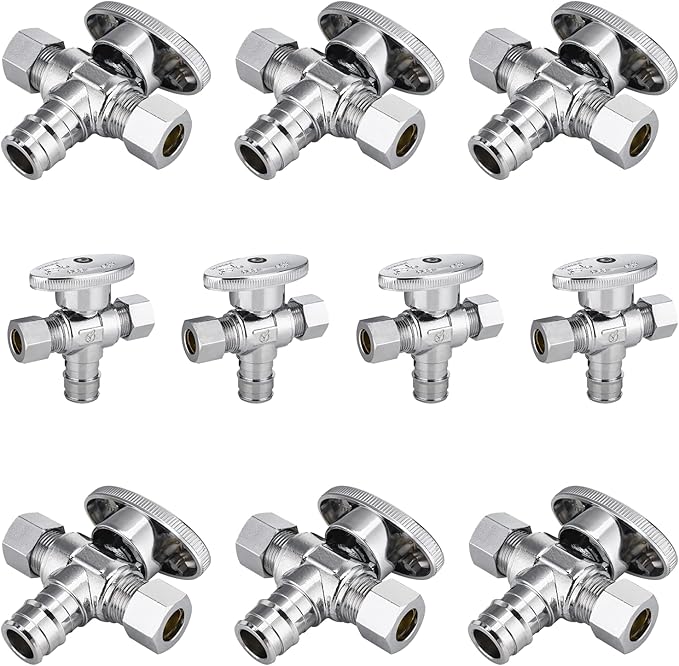 10-Pack Foskan Dual Outlet Angle Stop Valve,1/4 Turn Shut off Valve,1/2" PEX-A x 3/8" OD x 3/8" OD,Chrome Plated Brass