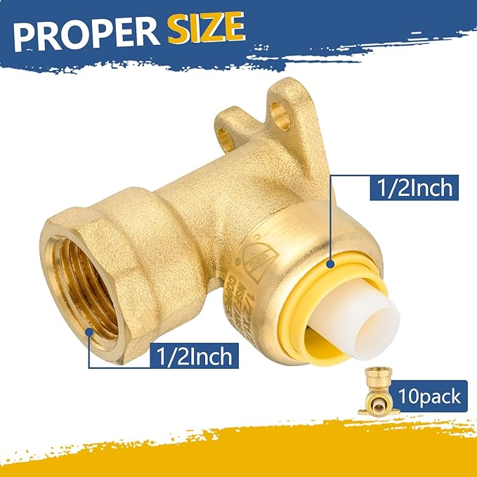Push-fit Drop Ear Elbow,1/2 Inch Push Fit x 1/2 Inch Female NPT Drop-ear Elbow with Disconnect Clip, Push Fittings for Copper, PE-RT, CPVC Pipe(Pack of 10)(PF066-10Pack)