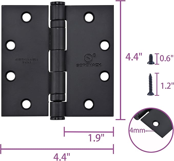 Matte Black Heavy Duty Door Hinge 4.5 X 4.5 Inch Ball Bearing Commercial Hinges Square Corners Interior and Exterior Hardware for 4-1/2 Doors Hinge Grade ANSI/BHMA A156 Grade 1.