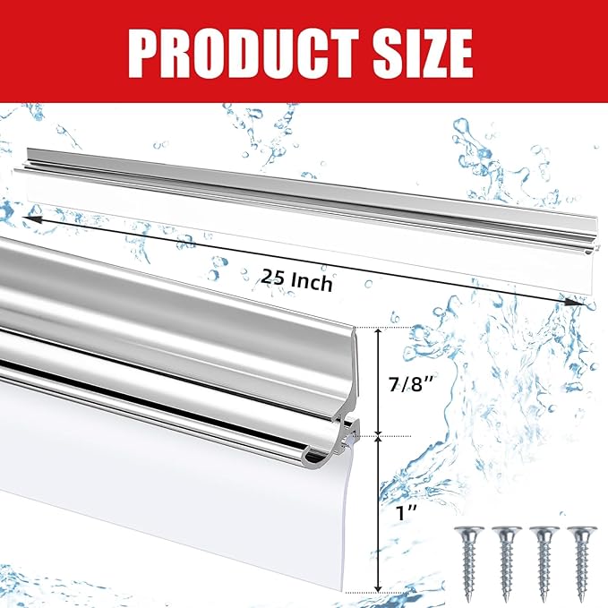 BSFRNF25 Chrome Framed Shower Door Replacement Drip Rail with Vinyl Sweep Door Water Deflector, Applied Mounting Tape and Screws (25Inch)