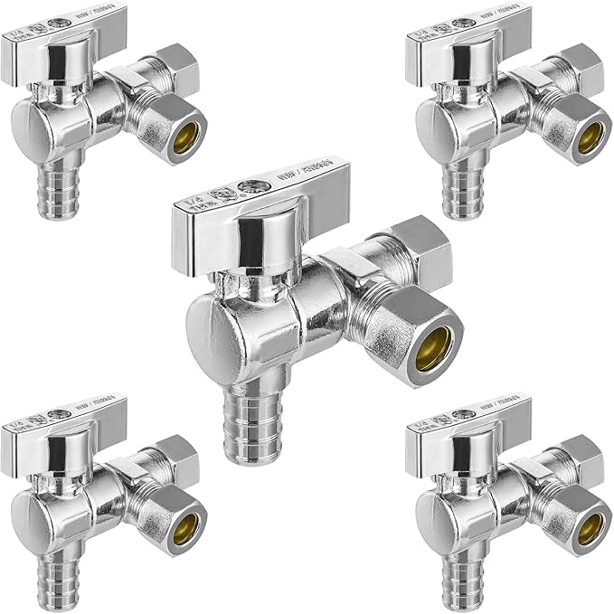 5-PCs HeSun Barb Crimp Inlet Angle Stop Valve, Quarter-Turn 1/2" PEX-B x 3/8" OD x 3/8" OD Compression, Dual Compression Outlet Shut Off Valve, PEX Chrome Plated Brass, ASTM F1807(VALVE200-5)