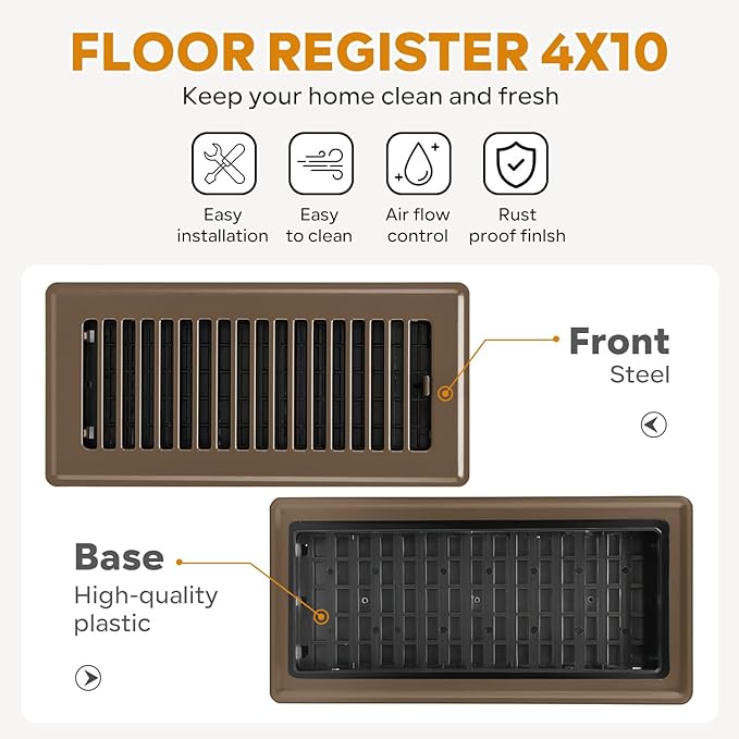 Floor Register 4x10, Floor Vent Covers, Heavy Duty Steel Walkable Floor Vents, for Sidewall and Floor, Brown 10 Pack