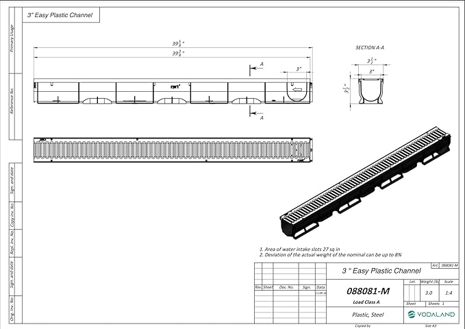 Vodaland - 3 Inch Easy 1 Premium Trench Drain Channel - Galvanized Stamped Steel Grating (5)