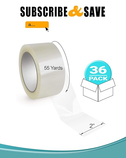 APQ 36 Rolls of Carton Sealing Tape 2” x 55 Yards. Thickness 1.6 Mil. Polypropylene Pressure Sensitive Tape for Wrapping, Packing, Shipping, Moving Boxes. Acrylic Adhesive. No Weathering, Yellowing.