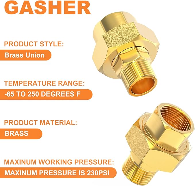 GASHER 2PCS Brass Union，1/4" NPT Male x 1/4" NPT Female Pipe Fitting