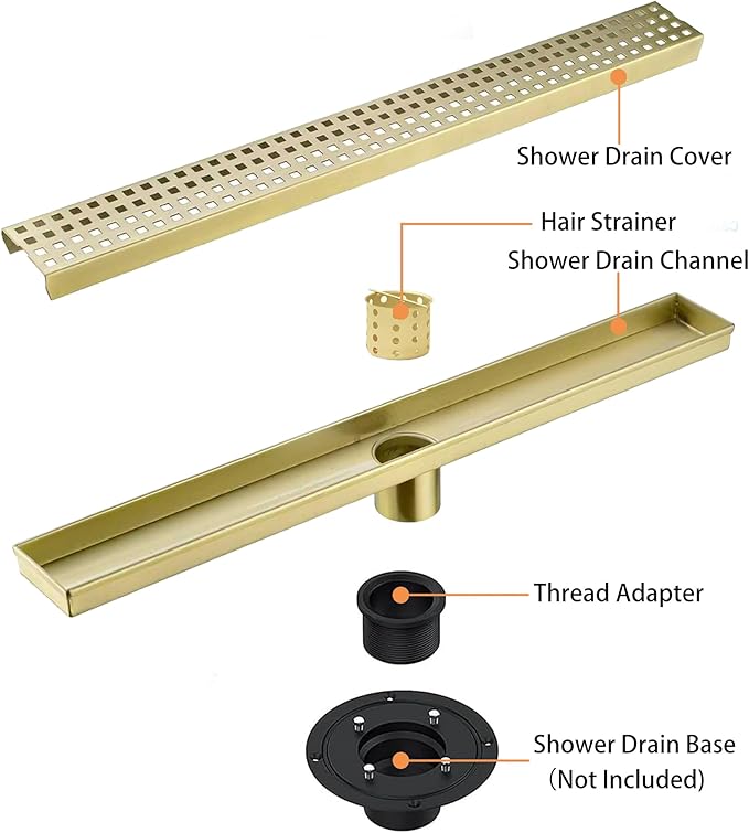 28 Inch Linear Shower Drain Bathroom Kitchen Golden Floor Drain Removable Capsule Pattern Cover Accessories Shower Drain 304 Stainless Steel Drain with Hair Strainer Adjustable Leveling Feet