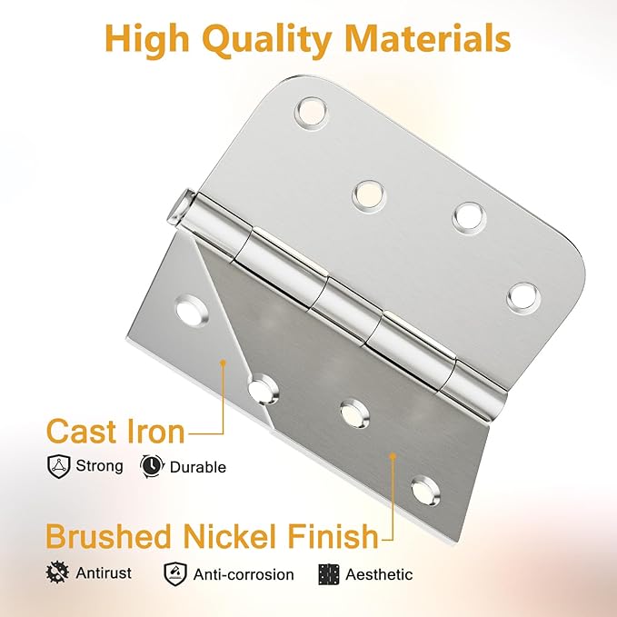 3 Pack Brushed Nickel Door Hinges 4 Inch, Exterior Door Hinges with Square & 5/8" Radius, Removable Pin, Perfect for Heavy-Duty Front & Back Door, Antirust & No Squeaks