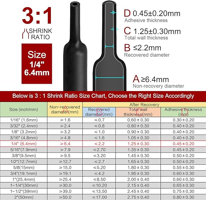 Chanzon 3:1 Ratio - 80ft Roll - Heat Shrink Tubing 1/4" (6.4mm) - Marine Grade Waterproof Adhesive Lined - (25M Total Length) Black Polyolefin Sleeving Wrap Shrinking 3 to 1 Ratio 1pcs
