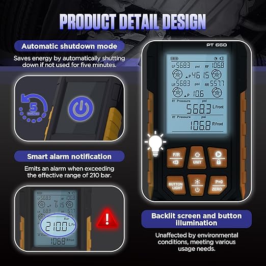 Manometer, Brake System Pressure Tester with 11 Adapters, 3 Units Switch, Magnetic Back, Smart Alarm Notification, Dual-Port Digital Brake Pressure Tester, 10-21000Kpa, PT660